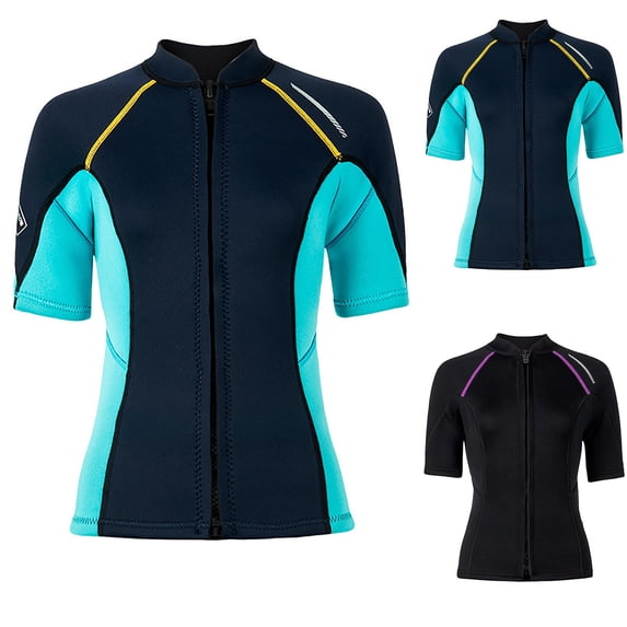 Women Wetsuit Top 1.5MM Short Sleeve Front Zip Surfing Wetsuit Jacket Diving Swimming Color Block Water Sports Swimsuits