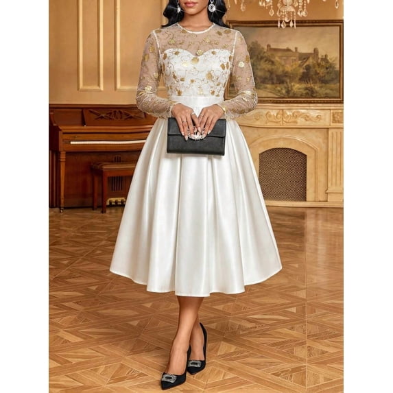 Women White-2 Elegant Long Sleeve Midi Dress, Gold Floral Embroidered Mesh