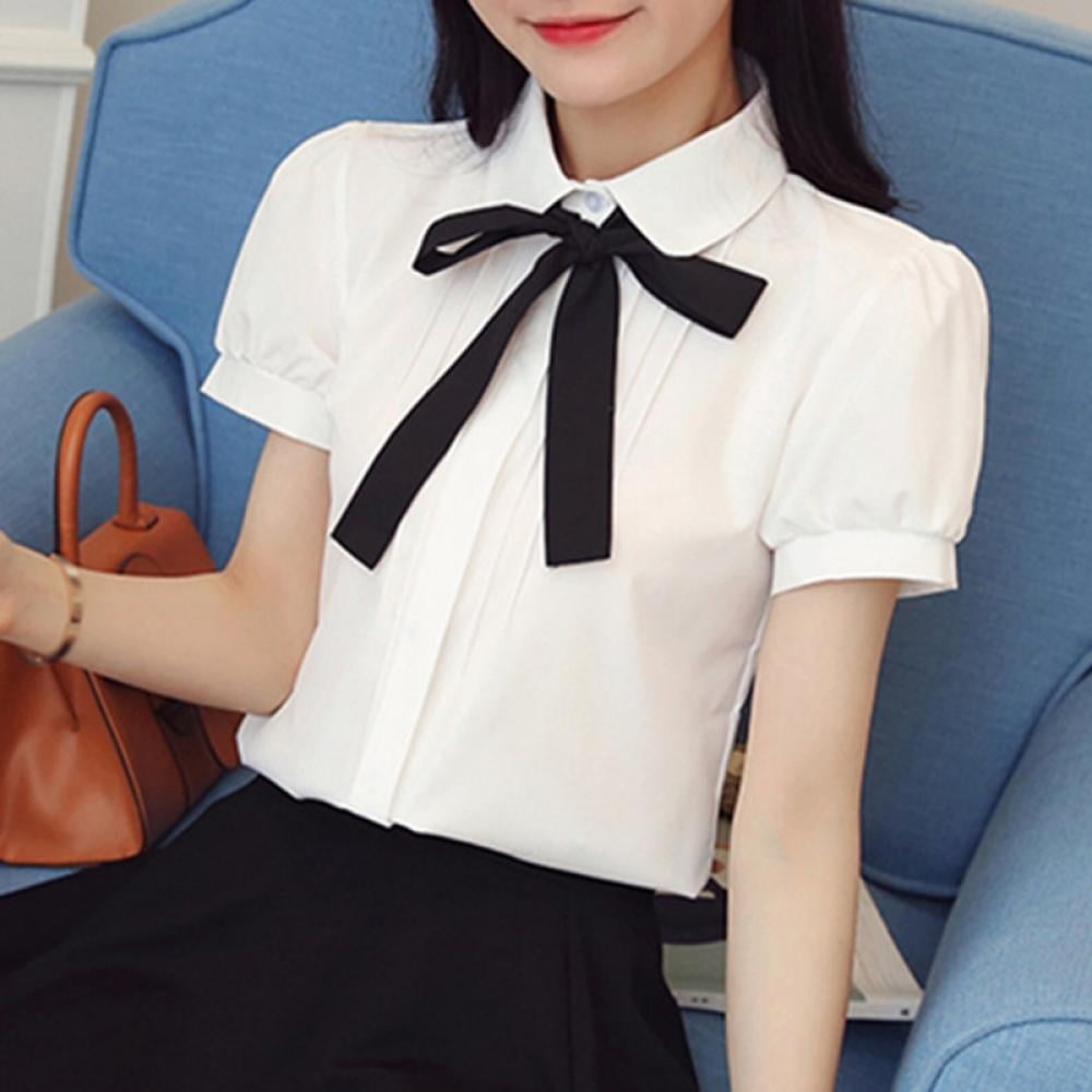 Women Button Down Blouses Peter Pan Collar Bow-tie Accordion Pleats ...