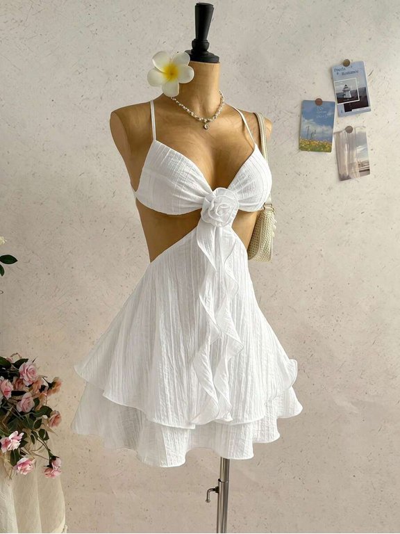 Women White Boho Beach Mini Dress, Hollow Out Floral Backless Summer
