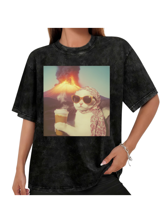 Women White Cat Coffee Volcano Retro Photo Graphic Tees T Shirt Tops Round Neck Cotton Washed T Shirt Black S-2XL Plus Size