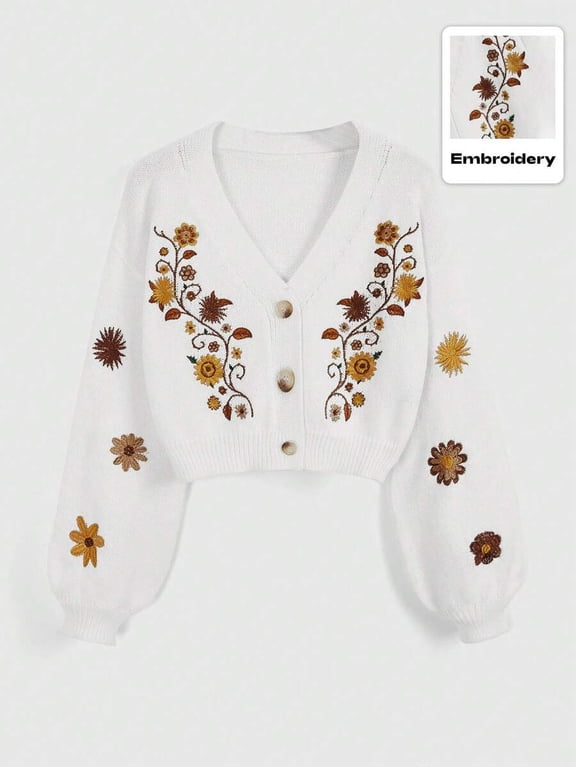 Women White Cottagecore Bohemian V-Neck Embroidered Floral Cardigan, Long