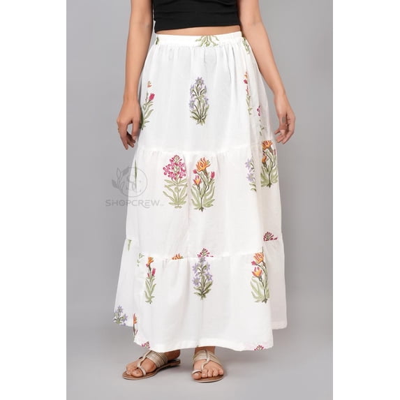 Women White Cotton Maxi Skirt with Multicolor Floral Block Print & Elastic Waist - XS