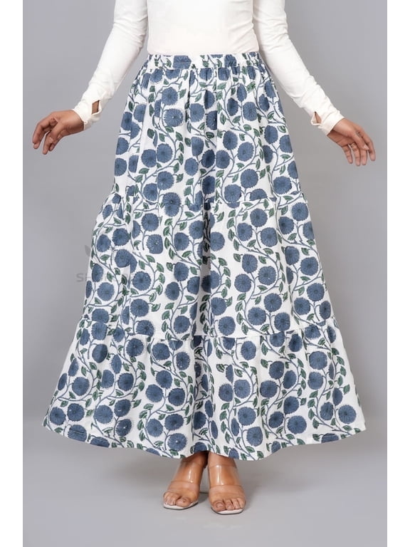 Women White Cotton Soft Maxi Skirt, Flowy Boho Style Blue Floral Hand Block Print with Elastic Waist, L
