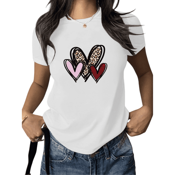 Women White Crewneck T-Shirt Mixed-Pattern Heart Graphic Leopard Check Pink Soft Casual Trendy Romantic-Themed Short-Sleeve Top S-5XL