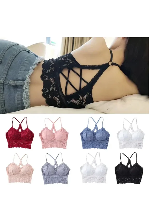Women White Crop Tops Lace Print Camisole Sexy Hollow Backless Bra Removable Chest Pad Bralette Solid Beauty Back Tank Top