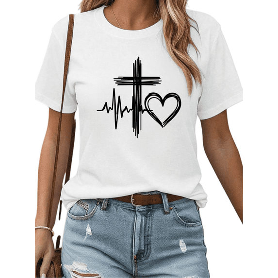 Women's Inspirational Christian Cross Heartbeat Graphic Casual T Shirt Comfortable Short Sleeve Round Neck Top White S-5XL