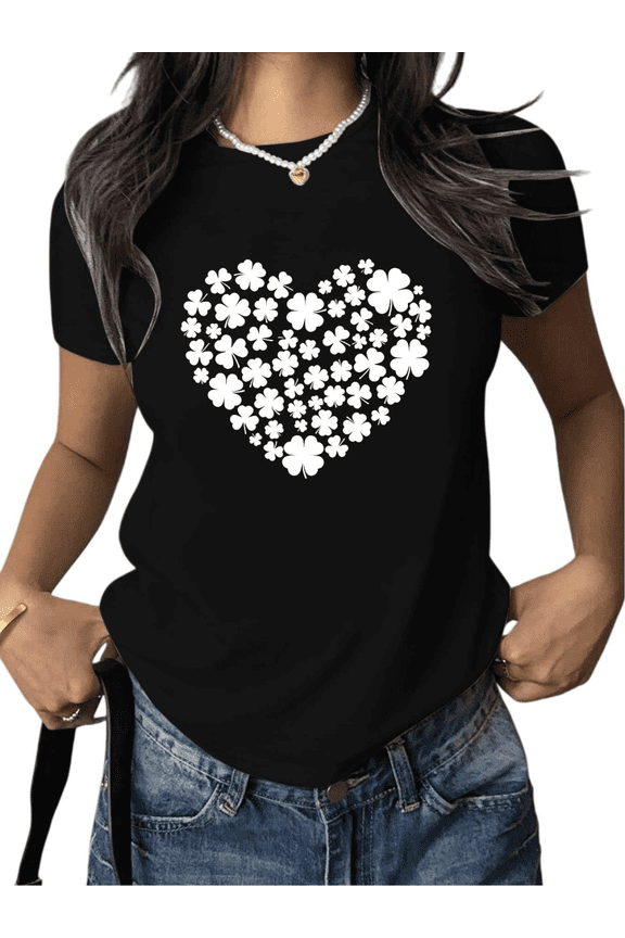 Women White Heart Clover Cotton Graphic Tee Round-neck Printed Cotton T Shirt Black S-5XL