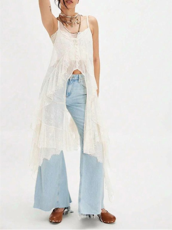 Women White Lace Maxi Camisole Top Spaghetti Strap See Through Tie Front