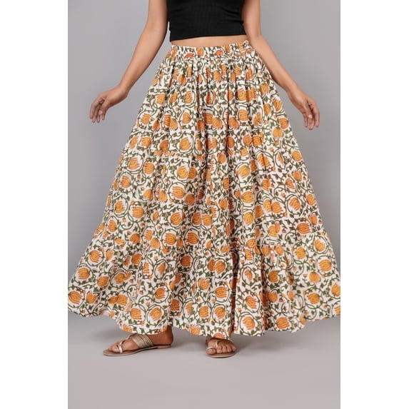 Women White & Mustard Floral Vine Printed Tiered Maxi Skirt | Boho Ethnic Summer Flared Long Skirt with Elastic Waist - XXL