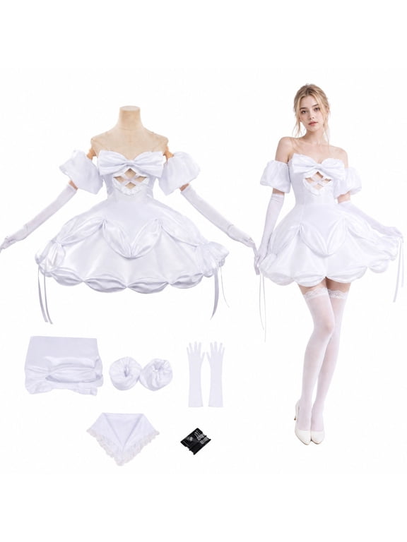 Women White Off-Shoulder Anime Cosplay Dress 5PCS Set with Bow Tiered Ruffle Skirt Long Gloves Headband