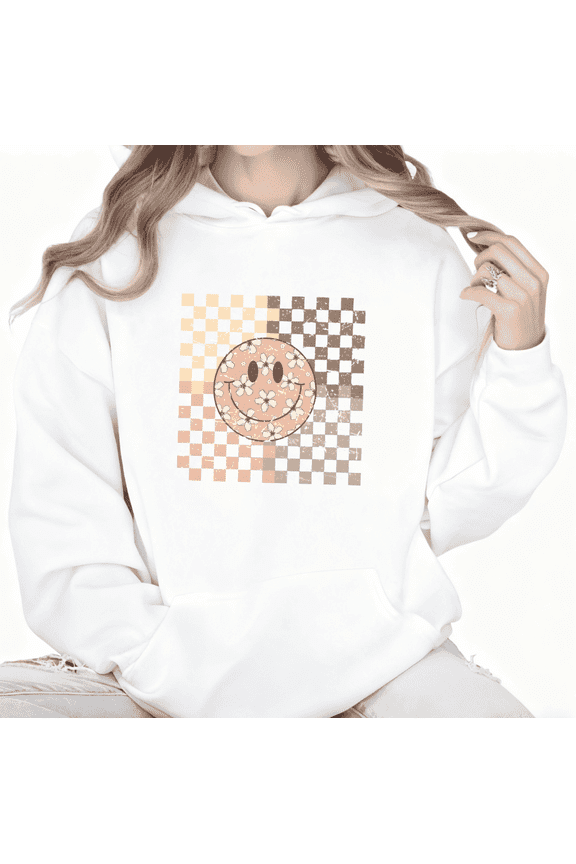 Women White Oversized Hoodie Retro Checkerboard Smiley Graphic Hooded Sweatshirt Soft Casual Daily Tops S-2XL