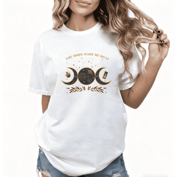 Women White Oversized T-Shirt "The Moon Made Me Do It" Celestial Moon & Star Graphic Soft Casual Witchy Aesthetic Tops S-5XL