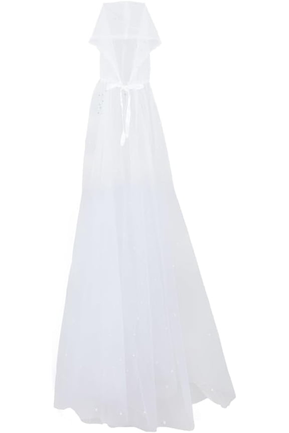 Women White Pearls Tulle Hooded Cape Long Train Elf Cloak With Hood Sheer Tulle Silk Fabric Solid Veil Vintage Bowknot Hooded