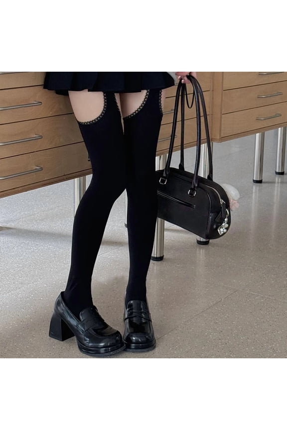 Women White Sexy Stockings with Belt Suspender Wide-banded Tights Lolita Thigh High Stockings with Garters Over The Knee Socks