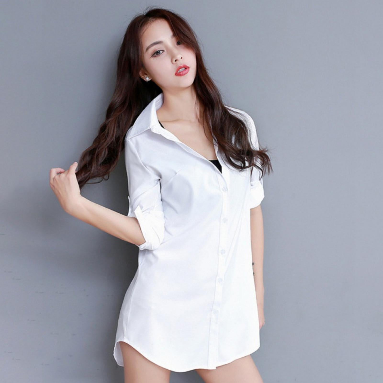 Women White Shirt Dress Fashion 3/4 Sleeve Elegant Solid Color Blouse ...