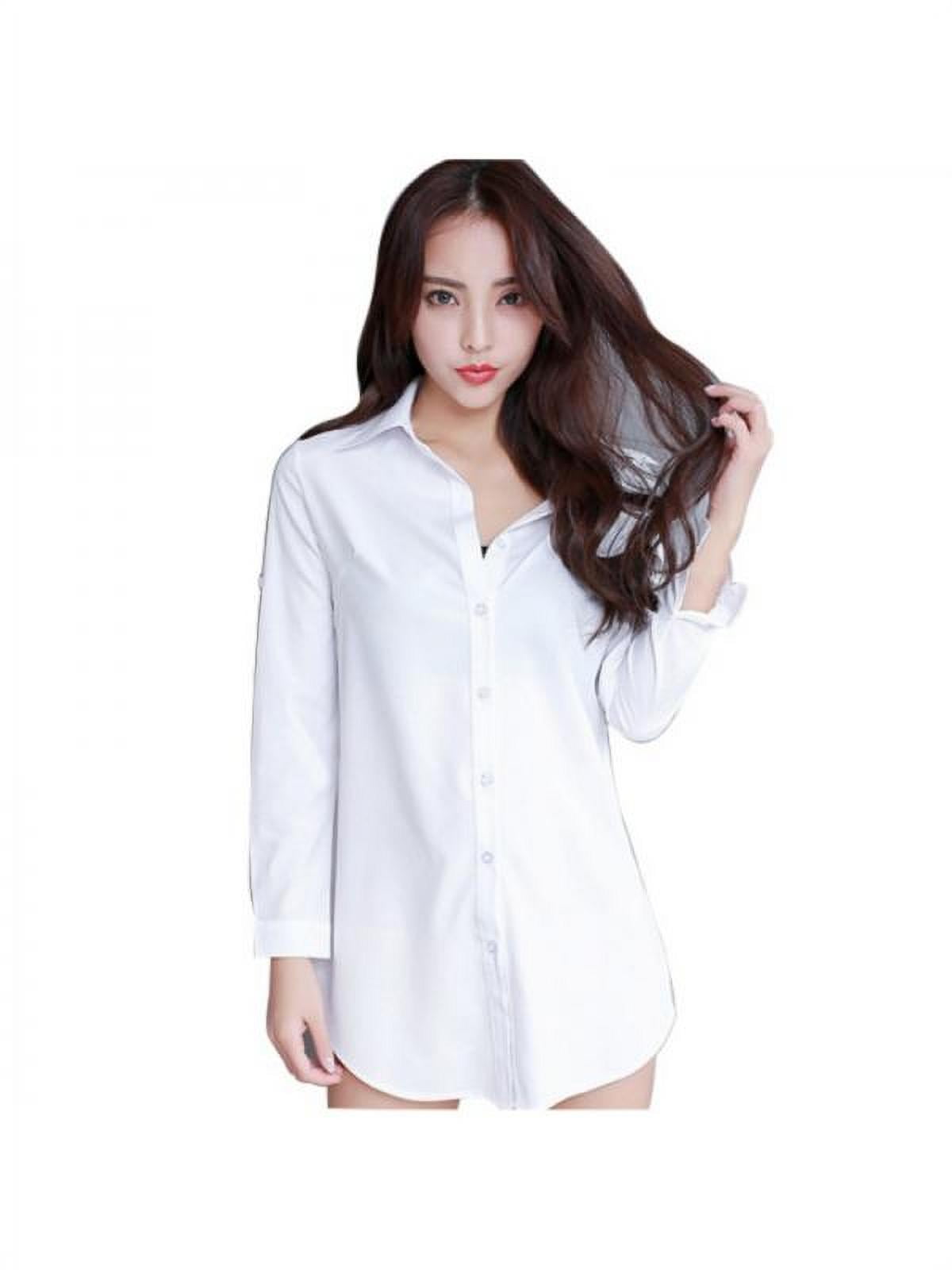 Women White Shirt Plus Size Fall 3/4 Sleeve Basic Blouse OL Button Long ...