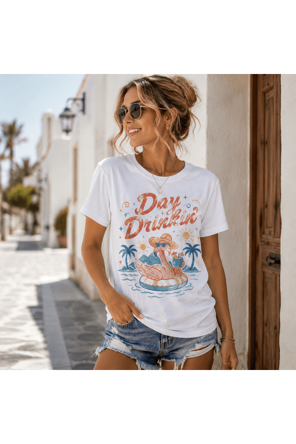 Women White Short Sleeve Crew Neck T-Shirt Day Drinkin Flamingo Beach Vacation Graphic Tee Summer Casual Top