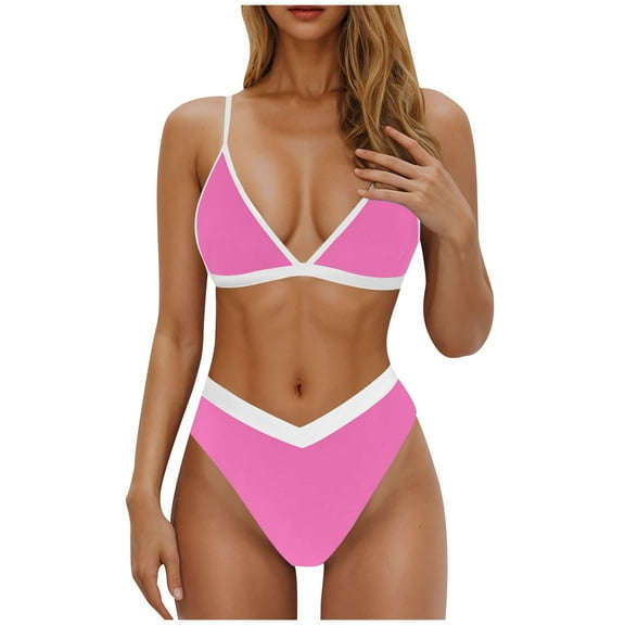 Women White Trim Bikini Set V Neck Tank Swimsuits Cropped Bikini Swimsuit Dressy Summer Swimsuit Bathing Suit Plus Size