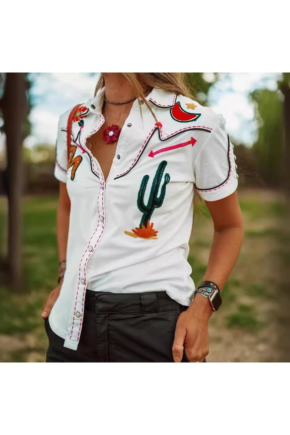 Women White Western Embroidered Cactus Shirt with Short Sleeves and Button Front for Country Concerts Rodeos Western Events and Music Festivals