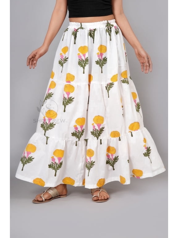 Women White & Yellow Floral Cotton Maxi Skirt | Boho Flow | Elastic Waist | Summer Wear - M