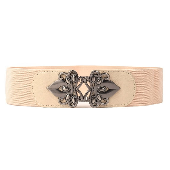 Women Wide Belt Fashion Elastic Stretch Buckle Waistband decor Women elastic waistband Dress Vintage Slim Hollow\-out Decor Cream-colored