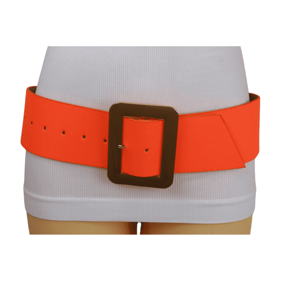 Women Wide Belt Neon Orange Faux Leather Gold Square Buckle S M
