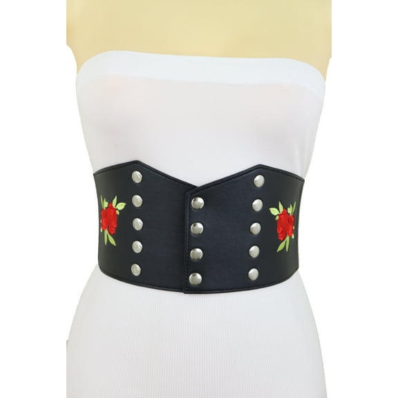 Women Wide Black Fashion Elastic Corset Belt Red Rose Flower S M