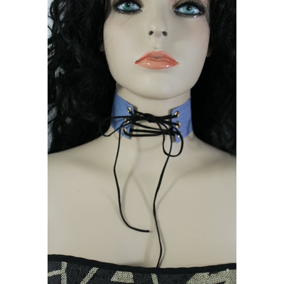 Women Wide Blue Denim Fabric Fashion Jewelry Corset Style Choker Necklace Tie