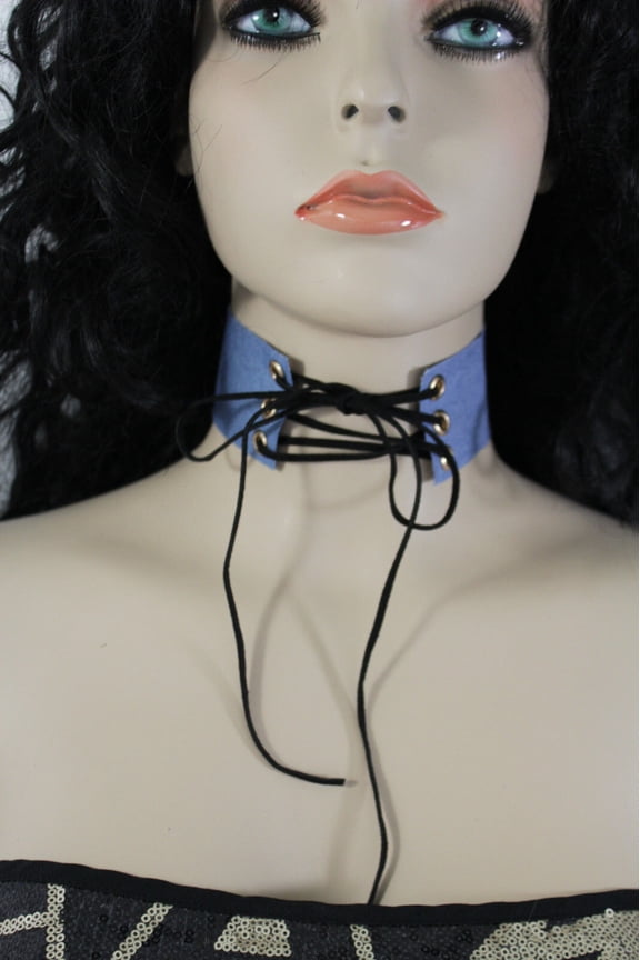 Women Wide Blue Denim Fabric Fashion Jewelry Corset Style Choker Necklace Tie