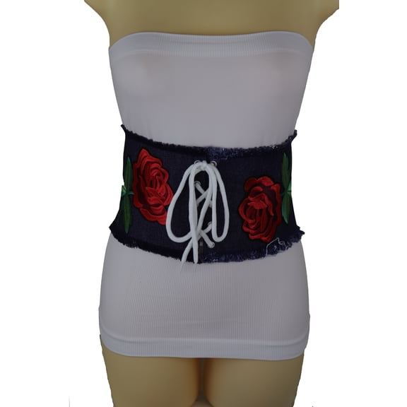 Women Wide Blue Denim Fabric High Waist Corset Belt Red Flower S M