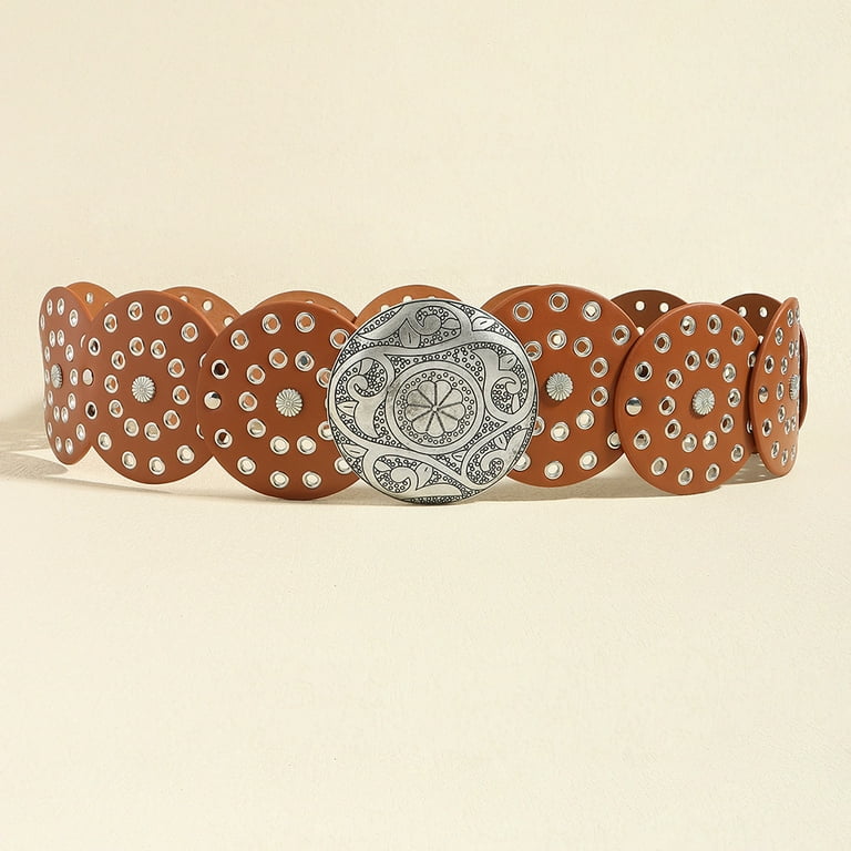 Women Wide Boho Disc Leather Belt Vintage Western Chunky Oval Concho Belt Y2k Grunge Accessories Walmart
