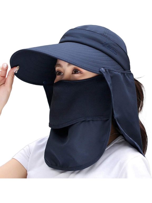 Women Wide Brim Face Mask Sun Hat Neck Face Flap Ponytail UV Protection Visor Hat Garden Fishing Hiking