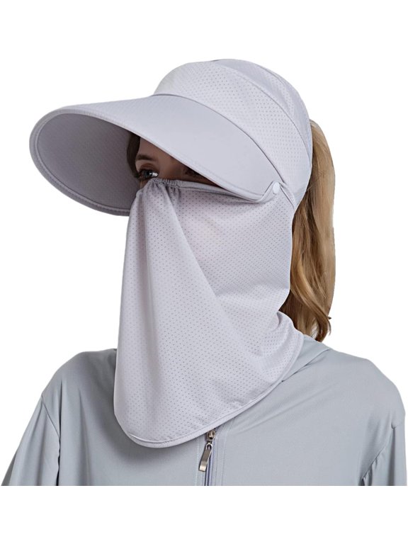 Women Wide Brim Face Mask Sun Hat Neck Face Flap Ponytail UV Protection Visor Hat Garden Fishing Hiking