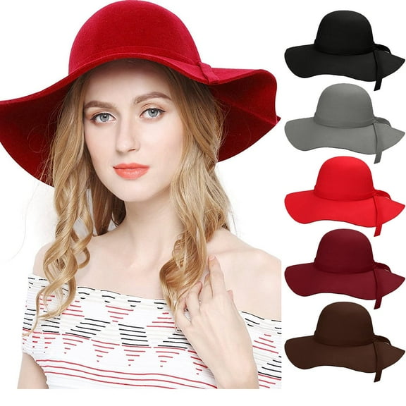 Women Wide Brim Felt Fedoras Hat, Vintage Autumn Winter Bowler Hats, Cloche Wide Brim Floppy Hat