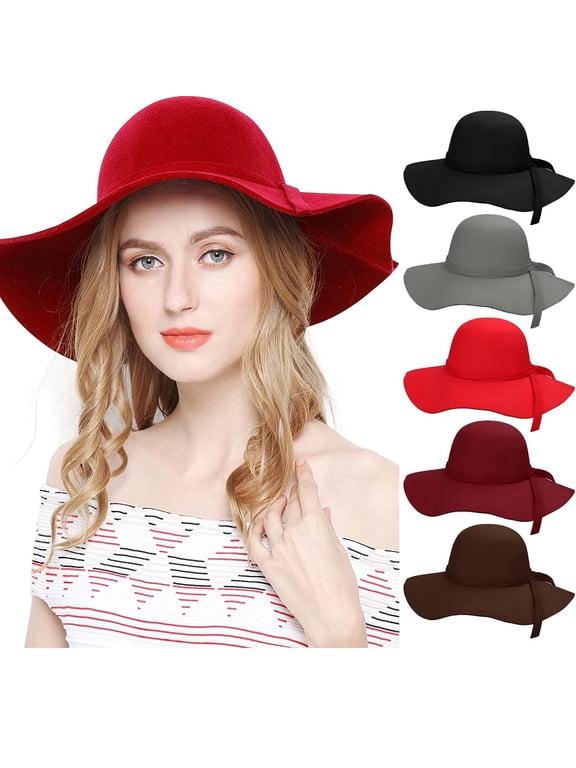 Women Wide Brim Felt Fedoras Hat, Vintage Autumn Winter Bowler Hats, Cloche Wide Brim Floppy Hat