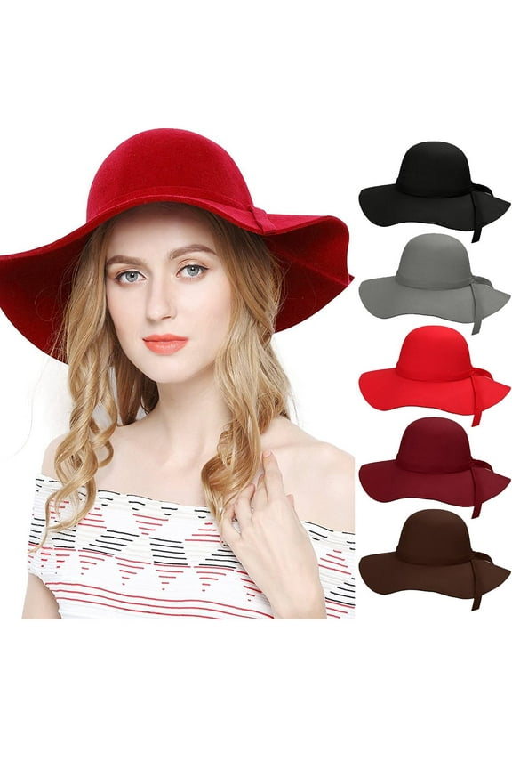 Women Wide Brim Felt Fedoras Hat, Vintage Autumn Winter Bowler Hats, Cloche Wide Brim Floppy Hat