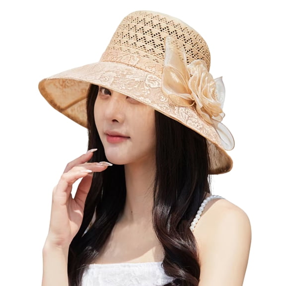 Women Wide Brim Hat Hollow Breathable Summer Bucket Hat Retro Organza Lace Lady’s Sun Cap for Travel