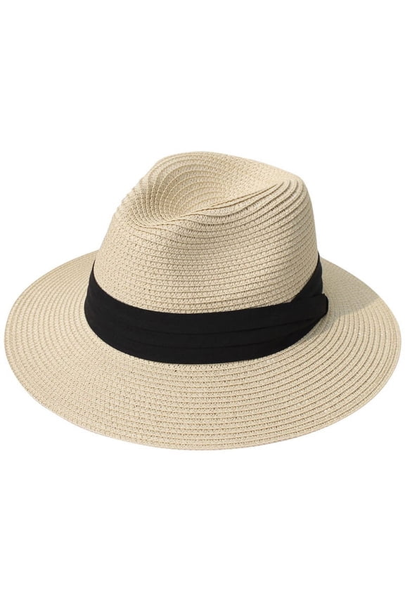 Women Wide Brim Straw Panama Roll up Hat Belt Buckle Fedora Beach Sun Hat UPF50