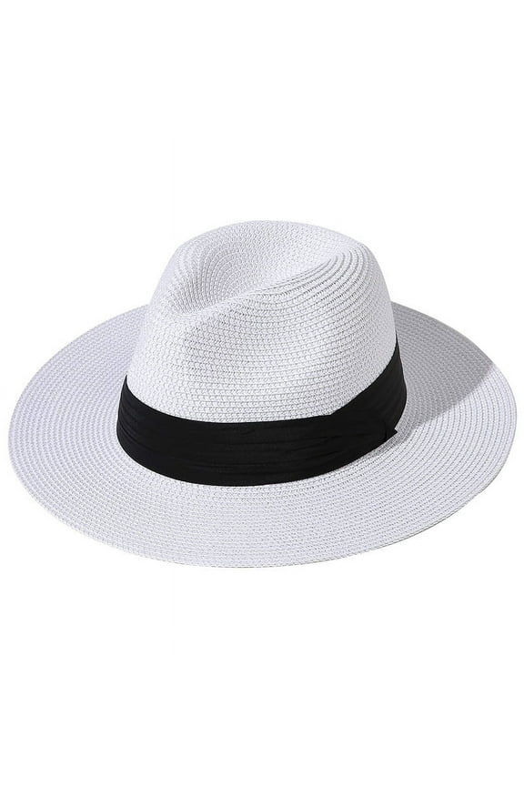 Women Wide Brim Straw Panama Roll up Hat Belt Buckle Fedora Beach Sun Hat UPF50