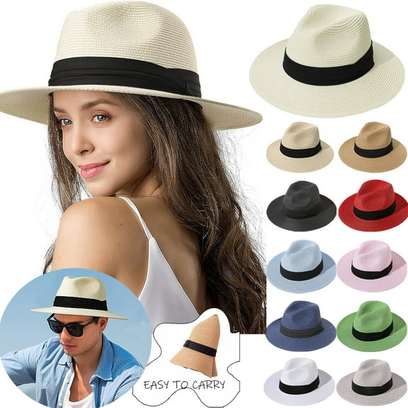 Women Wide Brim Straw Panama Roll up Hat Fedora Beach Sun Hat UPF50+