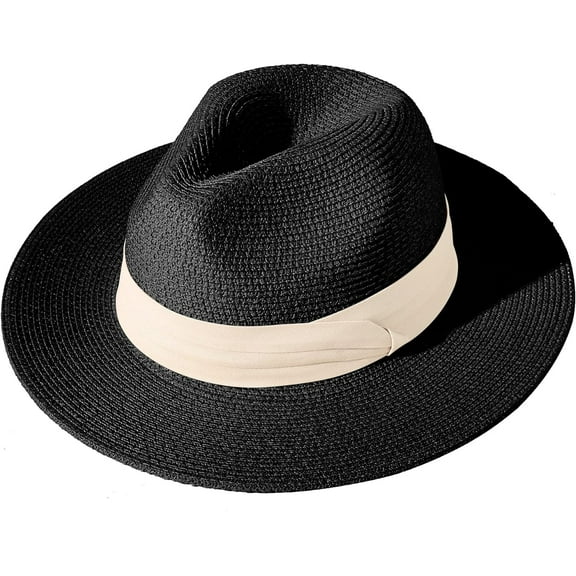 Women Wide Brim Straw Panama Roll up Hat Fedora Summer Beach Sun Hat UPF50 
