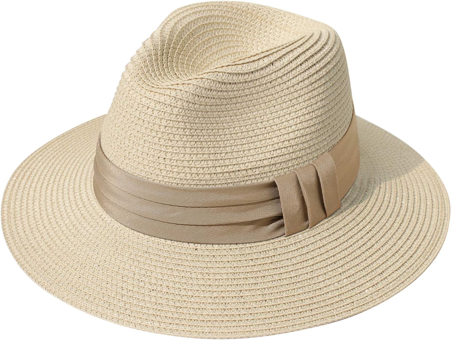 WOMEN WIDE BRIM STRAW PANAMA ROLL UP HAT FEDORA BEACH SUN HAT UPF50+ (02-FOLD Lanzom Women Wide Brim Straw Panama Roll-up Fedora Hat  main image 4