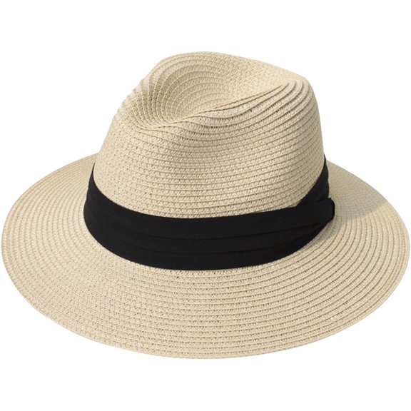 Women Wide Brim Straw Panama Roll up Hat Fedora Summer Beach Sun Hat UPF50+
