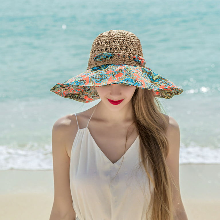 Women Wide Brim Straw Sun Beach Hat Summer Boho Foldable Floppy