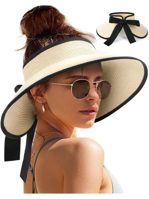 Women Wide Brim Straw Visor, Foldable Ponytail Sun Hat UPF 50+