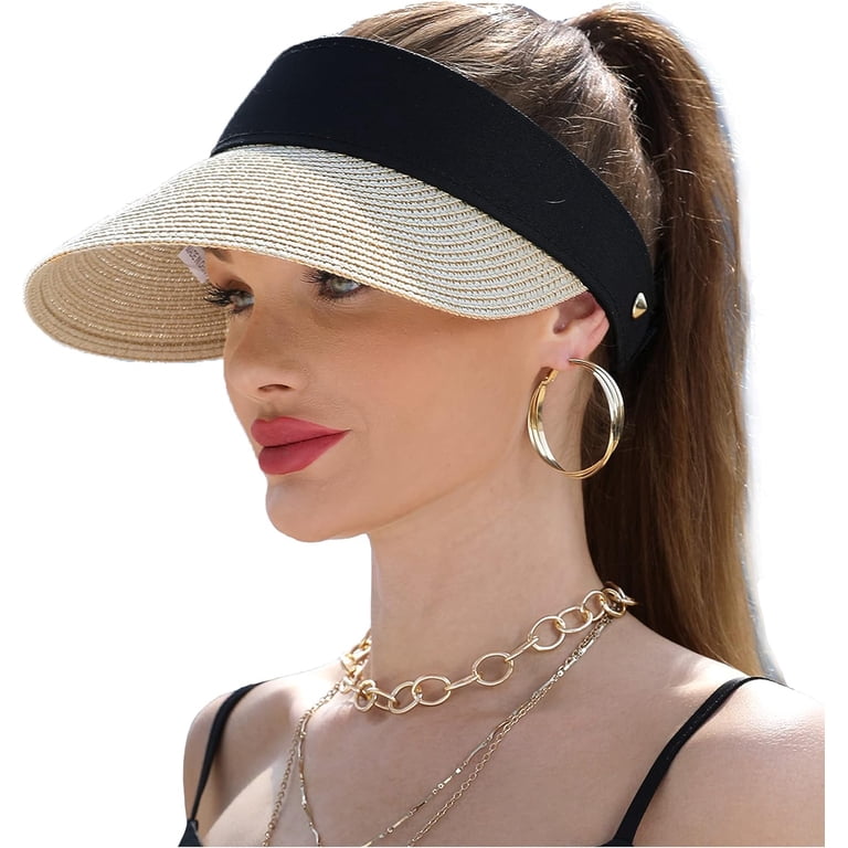 Women Wide Brim Straw Visor Sun Hat UV Protection Packable  display picture 2