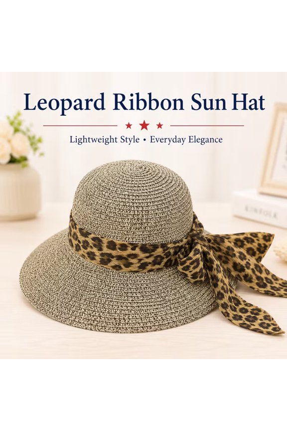 Women Wide Brim Sun Hat Elegant Leopard Ribbon Woven Fedora for Summer Beach Vacation Breathable Bucket Cowboy Visor