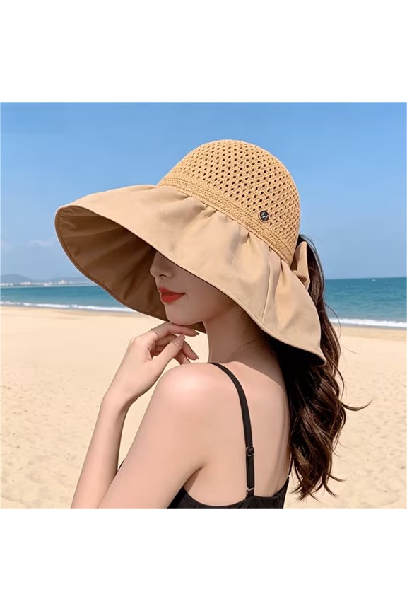 Women Wide Brim Sun Hat with Ponytail Slit UPF Hollow Bowknot Beach Cap