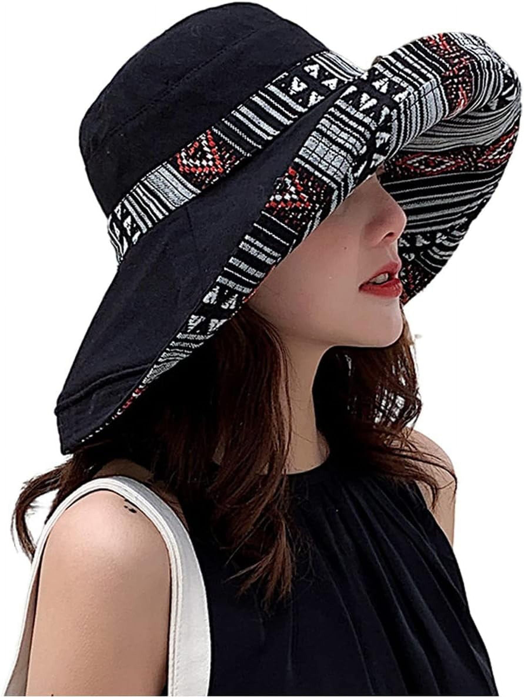 Women Wide Brim Summer Sun Hat Wired Edge Beach Bucket Fishing Hats Black Womens Wide Brim Foldable Sun-Hat with Ponytail-Hole - Black  main image 4